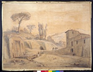 Den antikke springvand og bue ved Grottaferrata, Rom (pen og blæk med akvarel på papir) af Gaspar van Wittel