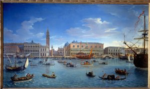 Udsigt over Venedig, molen, pladsen og Dogepaladset, fra øen Saint George (San Giorgio) Maleri af Gaspare Vanvitelli (Gaspar van Wittel, Caspar Van Vitelli) (1653-1736) 1697 Dim 1,74x0,98 m Madrid, Musee du Prado - Udsigt over Venedig, s