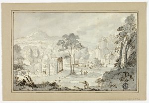Jæger med hund, andre figurer i landskab med villa, kanal, pyramide