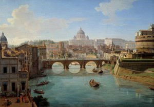 Udsigt over St. Peters basilika i Rom, detalje af maleriet "" Udsigt over slottet St. Angelo i Rom" Panorama over byen, Tiberen og Castel Sant"Angelo, kejser Hadrians mausolee"" Maleri af Gaspare Vanvitelli