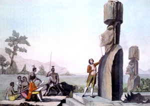La Perouse med sit mandskab, måler statuerne på Påskeøen (1786), gravering af Gaspard (after) Duche de Vancy
