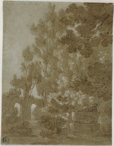 Udsigt over ødelagte buer og grav i Villa Borghese af Gaspard Dughet