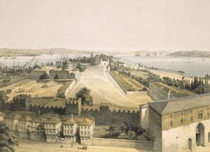 Panorama af Konstantinopel, planche 22 fra "Aya Sofia, Constantinopel", graveret af Louis Haghe (1806-85) 1852