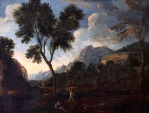 Jægere i en dal, af Gaspard Dughet (1615-1675), olie på lærred, 56x67 cm.