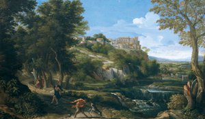 Landskab, der viser dansende faun og nymfe 1667 - 1668, af Gaspard Dughet (1615-1675)