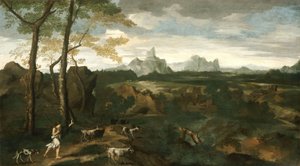 Landskab med hyrde og geder, ca. 1635 (olie på lærred) af Gaspard Poussin Dughet