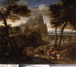 ""Landskab med en gruppe af rejsende"" (Landskab med campingvogn) Maleri af Gaspard Dughet (1615-1675) 1600-tallets statsfriluftsmuseum Palace Gatchina, Sankt Petersborg af Gaspard Poussin Dughet