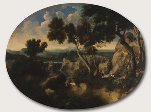 Klippelandskab med jægere, ca. 1635 af Gaspard Poussin Dughet