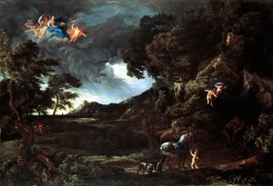 Landskab med Unionen af Dido og Aeneas, ca. 1664-48 (olie på lærred) af Gaspard Poussin and Maratta or Maratti Carlo Dughet