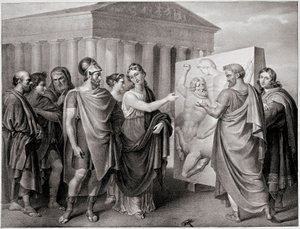 Den athenske politiker Pericles (495-429 f.Kr.) og Aspasie hans ledsager leder Phidias
