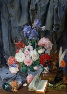 Stilleben med vase med afskårne blomster, skaller og bøger, af Gaspare Mattioli, olie på lærred, Italien af Gaspare Mattioli