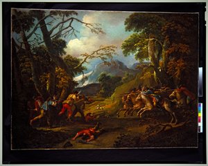 Et par genrescener: et slag og gidsler, udateret (lærred)
