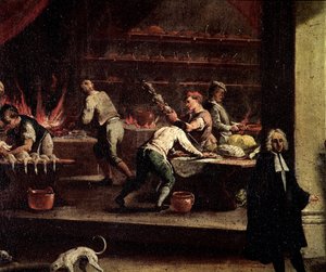 Venetianske kokke arbejder i et køkken Detalje - Maleri tilskrevet Gaspare Diziani (1698-1767), kokkekunstens fænrik (Arte dei cuochi) Venedig, Museo Correr