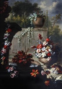 Stilleben af blomster i prydvaser (olie på kobber) (par til 379514)