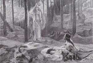 Åbenbaringen (Brunnhilde opdager Sieglinde og Siegmund) (litho) af Gaston Bussiere
