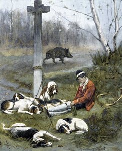 Jægeren og hans søvnige hunde - gravering af Gaston Gelebert