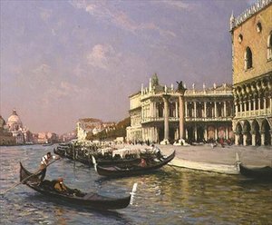 Venedig: Dogepaladset, Marciana-biblioteket og Santa Maria della Salute i det fjerne af Gaston Hippolyte Boucart