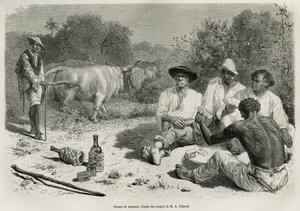 En gruppe vaqueros, der spiller kort og drikker alkohol, nær deres okseflokke, graverer efter en tegning af G.Vuillier, for at illustrere historien De Cayenne aux Andes, af Jules Crevaux, læge i den franske flåde, i 1878-1879, udgivet i tour du mon af Gaston Vuillier