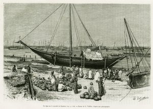 En tepe på Zanzibar-markedet (Tanzania). Gravering af G.Vuillier, for at illustrere historien Voyage among the Benadirs, Somali og Bayouns, i 1882 og 1883, af G.Revoil, i le tour du monde 1888, instrueret af Edouard Charton (1807-1890), Hachette, Paris. af Gaston Vuillier