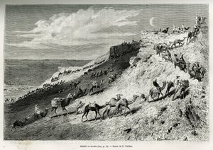 Akabah eller stille kameler op fra campingvognen. Gravering af G.Vuillier, for at illustrere historien "" pelerinage au Nedjed, den arabiske races vugge"", af Lady Anna Blunt, i 1878-1879, udgivet i Tour du monde, under ledelse af Edouard Charton (1807- 1 af Gaston Vuillier