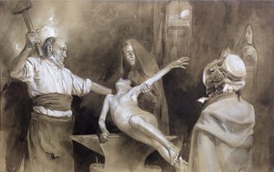 Hammering the Spleen (blyant og vask på papir) af Gaston Vuillier