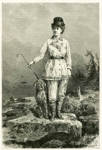 Portræt af Madame Marie De Ujfalvy-Bourdon, i rejsedragt, med sin hund, gift med etnolog, lingvist og opdagelsesrejsende Charles Eugene Ujfalvy (1842-1904), hun ledsagede ham på alle hans ekspeditioner. Gravering af G.Vuillier, efter naturen for at illustr