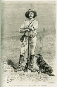 Portræt af den rejsende forfatter Carl Lumholtz. Gravering af G.Vuillier, for at illustrere historien Chez les cannibales, rejse i det nordøstlige Australien af Gaston Vuillier