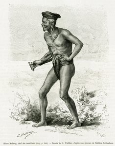 Sibou Mobang, leder af kannibaler. Gravering af G.Vuillier, til illustration af historien De Koutei a Bandjirmasin, rejse gennem Borneo, af Carl Bock, i le tour du monde 1890, instrueret af Edouard Charton (1807-1890), Hachette, Paris. af Gaston Vuillier