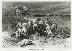Ghazou, eller razzia, plyndrer med en hånd. Gravering af G.Vuillier, for at illustrere historien "" pelerinage au Nedjed, den arabiske races vugge"", af Lady Anna Blunt, i 1878-1879, udgivet i Tour du monde, under ledelse af Edouard Charton (1807-