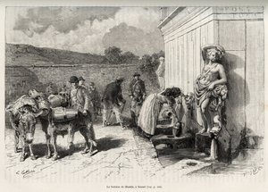 Fontænen af Rossello, i Sassari (Italien). Daglige aktiviteter, kvinde fylder en criche og vandbærere med deres æsler, fylder deres tønder. Gravering og historie "" La Sardaigne"" af Gaston Vuillier (1845-1915), i 1890, i Le tour du monde, nouv af Gaston Vuillier