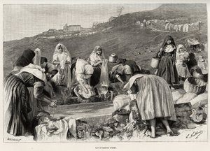Lavendel fra Osilo (Italien), kvinder samlet omkring bassinet. Gravering og historie "" La Sardaigne"" af Gaston Vuillier (1845-1915), i 1890, i Le tour du monde, nouveau journal des voyages, under ledelse af Edouard Charton (1807-1890), 2. semester af Gaston Vuillier