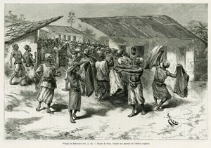 Landsbyen Bakourou, de oprindelige folk bliver tilbudt gaver til fredsforhandlinger. Gravering af G.Vuillier, for at illustrere historien Dans les tenebres de l