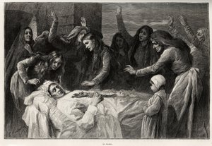 Den vocero, korsikanske funebre sang, der kalder på hævn. Gravering og historie ""La Corse"" af Gaston Vuillier (1845-1915), i 1890, i Le tour du monde, nouveau journal des voyages, under ledelse af Edouard Charton (1807-1890)