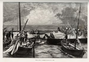 Tunfiskeri (mattanza): dødskammeret, tunpresser på et trangt sted er dækket af fiskernes harpuner. Gravering og historie "" La Sardaigne"" af Gaston Vuillier (1845-1915), i 1890, i Le tour du monde, nouveau journal des voyages, under t.