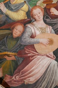Detalje af den hellige jomfrus himmelfart, kendt som "Englekoret, der spiller musik", Kuppelen på tværskibet, fra 1534 (fresko) af Gaudenzio Ferrari