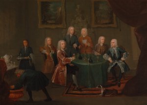 Brødrene Clarke med andre herrer, der tager vin, mellem 1730 og 1735.