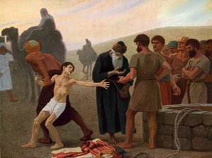 Joseph bliver solgt til slaveri af sine jaloux brødre, ca. 1940 (farve litho)