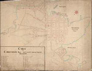 Norsk bokmål: Kort fra Nationalbibliotekets kortsamling. Kortet er udgivet i Håndtegnet (1649) og viser Christiania af Geelkerck