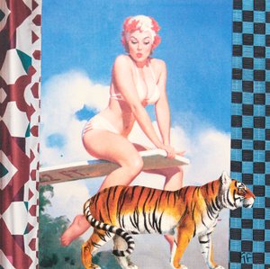 Svømmende pige med tiger (collage)