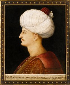 Portræt af Suleiman (Suleyman) I den storslåede (1494-1566), osmannisk sultan"" Anonymt maleri - Sultan Suleiman I den storslåede af Bellini, hedning af Gentile (school of) Bellini