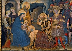 Magiernes tilbedelse, detalje af Jomfru og Barn med tre konger, 1423 tempera på panel