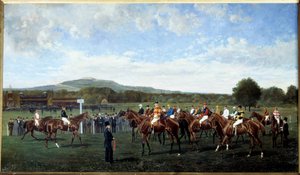 Afgang i Longchamp givet af Baron Foy i 1877 Opstilling af heste ved starten af et løb på væddeløbsbanen. Maleri af Geo Arnull (1800-tallet) 1877. Paris, Societe-opmuntring af Geo Arnull