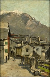 Huse langs en vej nær et bjerg (Innsbruck?) af Geo Poggenbeek