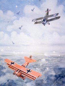 Kaptajn Baron von Richthofens sidste flyvning, ca. 1920 (farve litho) af Geoffrey (after) Watson