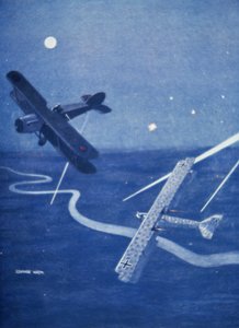 Bristol-jager angriber tysk Gotha-bombefly over London om natten (farve litho) af Geoffrey Watson