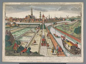Udsigt over Amsterdam-kanalen i Haarlem Canal zu Harlem, gift med Threckschuijten efter Amsterdam ab und zu gehen (titel på objektet) Haarlem (serietitel)
