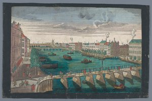 Udsigt over Binnen-Amstel mellem Blauwbrug og Hogesluis i Amsterdam Die Amstel von inden nach der blauen Brücke gegen der Wasser Schleuße zu Amsterdam (titel på objekt) af Georg Balthasar Probst