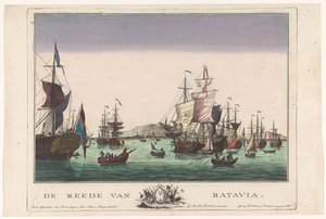 Udsigt over havnen i Batavia Reden til Batavia (titel på objekt) Havneudsigt (serietitel) af Georg Balthasar Probst