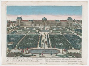 Udsigt over Palais des Tuileries i Paris set fra Jardin des Tuileries Gesicht des Pallasts Thuilleries genannt, von seiten des Gartens zu Paris (titel på objekt) Paris (serietitel)