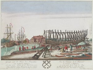 Udsigt over Zeelands Admiralitets skibsværft i Vlissingen i 1779. Litografi (36,3x49,1 cm), kobberstik af Leizel efter tegning af Georg Balthasar Probst (1732-1801). af Georg Balthasar Probst